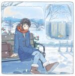  1girl baby_animal bag bare_tree bench black_eyes black_hair blue_pants boots border bush coat commentary_request dated day dog dot_nose footprints fur-trimmed_boots fur_trim half-closed_eyes highres house low_ponytail on_bench onoyama_(machikz1) original outdoors pants ponytail puppy red_scarf scarf sitting snow snowing solo toggles tree white_border window 