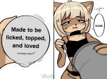 annoyed anthro canid canine canis clothing collar cutlery dogfailureowo domestic_dog english_text female flat_chested food hana_(dogfailureowo) hi_res holding_food holding_object kitchen_utensils mammal midriff panties shirt simple_background solo spoon tank_top text tools topwear underwear white_background