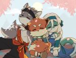 anthro canid canine canis cherry_blossom cherry_blossom_tree cherry_tree clothing eyes_closed female flower fox fruit_tree fur green_body green_scales grey_body grey_fur group hair hi_res lpemniii male mammal multicolored_body multicolored_fur orange_body orange_fur outside plant prunus_(flower) reptile scales scalie sky sleeping snake taiqing_(threefold_recital) threefold_recital_(game) transia_(threefold_recital) tree trio triratna_(threefold_recital) two_tone_body two_tone_fur white_hair wolf