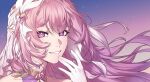  1girl absurdres bare_shoulders commentary diamond-shaped_pupils diamond_(shape) elf elysia_(herrscher_of_human:_ego)_(honkai_impact) elysia_(honkai_impact) english_commentary hair_ornament highres honkai_(series) honkai_impact_3rd long_hair pink_hair pointy_ears portrait purple_eyes purple_sky sky smile solo symbol-shaped_pupils triquetra zbules13 