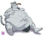  anthro belly big_belly felid fur gontadanuki hand_on_stomach male mammal moobs oral_vore overweight overweight_male pantherine same_size_vore tiger vore white_body white_fur 
