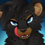 1:1 ambiguous_form ambiguous_gender black_body black_fur black_markings black_nose blue_eyes brown_eyebrows brown_markings cheek_tuft cheetah colored digital_drawing_(artwork) digital_media_(artwork) eyebrows facial_tuft fangs felid feline feve front_view fur hair icon inner_ear_fluff licking licking_lips mammal markings open_mouth shaded short_hair solo spots spotted_body spotted_fur teeth tongue tongue_out tuft