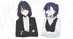  2girls :/ :d amoncheeto black_hair black_jacket black_vest blunt_bangs blush blush_stickers brooch brown_eyes buttons closed_mouth collared_shirt commentary covered_eyes cropped_head cropped_legs cropped_torso crossed_arms curled_fingers earrings emblem french_kiss frilled_shirt_collar frilled_sleeves frills groin hair_ornament half-closed_eyes hand_on_another's_hip hand_on_own_arm highres holding_another's_wrist jacket jewelry kashimoto_riko kiryuin_aoi kiss lapel_pin lapels long_hair long_sleeves looking_at_another looking_to_the_side loose_hair_strand multiple_girls multiple_views notched_lapels nude open_clothes open_jacket open_mouth pinstripe_pattern pinstripe_shirt pinstripe_suit ponytail profile projected_inset purple_eyes shirt short_hair short_ponytail smile steaming_body stomach suit suit_jacket sweat tongue tongue_out umamusume untranslatable_commentary vest white_background white_shirt yuri 