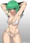  1girl :d a_big_brother armpits arms_up ass_visible_through_thighs bra breasts cleavage cowboy_shot green_eyes green_hair highres looking_at_viewer medium_hair navel one-punch_man open_mouth panties smile solo standing tatsumaki underwear undressing white_bra white_panties 