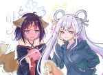  3girls animal_ears bare_shoulders black_hair blonde_hair blue_eyes blue_hair blue_hoodie blush cho_kaguya-hime! collarbone commentary cosplay crescent crescent_hair_ornament crossed_arms drooling english_commentary forehead_jewel fox_ears fox_tail full-face_blush green_eyes grey_hair hair_ornament hair_rings hair_stick halterneck hand_on_own_hip heart highres hood hoodie index_finger_raised kaguya_(cho_kaguya-hime!) long_hair long_sleeves looking_at_viewer lop_rabbit_ears medium_hair multicolored_hair multiple_girls pink_hair puff_of_air rabbit_ears rinncchiiiowo runami_yachiyo runami_yachiyo_(cosplay) sakayori_iroha smile sparkle tail twintails upper_body very_long_hair white_background 