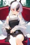  1girl absurdres animal_on_lap bare_shoulders benpao_de_ruoji black_cat black_choker black_dress black_hair black_horns black_nails blue_archive blush bright_pupils cat cat_on_lap choker collarbone commentary couch demon_horns diamond_necklace dress ear_piercing grey_halo grey_jacket hair_between_eyes hair_ornament hairclip halo highres horns jacket jacket_partially_removed kayoko_(blue_archive) kayoko_(dress)_(blue_archive) long_hair looking_at_viewer mole mole_on_collarbone multicolored_hair official_alternate_costume on_couch on_lap open_clothes open_jacket petting piercing purple_wings red_eyes side_slit single_wing sitting solo studded_choker two-tone_hair white_hair white_pupils wings 