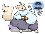  2022 aggressive_retsuko anthro balls barefoot belly big_belly breasts burger canid canine clothed clothing digital_media_(artwork) english_text feet female fennec fenneko food fox fur genitals hi_res laugh mammal obese obese_anthro obese_female overweight overweight_anthro overweight_female phone redphlannel sanrio simple_background sitting solo sweater sweatpants text thick_thighs topwear 