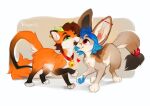  2026 ambiguous_gender canid canine digital_drawing_(artwork) digital_media_(artwork) duo ear_piercing feet feral fox front_view fur hair horn inner_ear_fluff mammal paws piercing reysi simple_background smile standing tail toes tongue tuft 