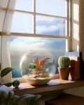  blender_(medium) cactus chi-yu_(pokemon) cloud cloudy_sky curtains fifteenpokeyen fishbowl highres net_ball plant poke_ball pokemon pokemon_(creature) pokemon_focus sand sky window windowsill 
