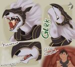  anthro arkailart armor black_nose bodily_fluids duo elden_ring fromsoftware fur headgear helmet human internal male male/male maliketh_(elden_ring) mammal open_mouth oral_vore saliva sharp_teeth size_difference teeth text tongue video_games vore white_body white_fur 
