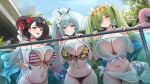  3girls absurdres aqua_hair bikini black_hair blue_eyes blush breasts character_request choker cleavage closed_mouth cloud commentary cropped_shirt day english_commentary flower front-tie_bikini_top front-tie_top green_bikini green_hair hair_flower hair_ornament hair_over_one_eye halterneck highres inflatable_flamingo innertube jewelry large_breasts lillly long_hair looking_at_viewer multi-strapped_bikini_bottom multicolored_hair multiple_girls navel necklace official_art open_mouth outdoors outerplane partially_submerged partially_underwater_shot patterned_clothing ponytail pool red_choker red_hair sarong sky smile streaked_hair striped_bikini striped_clothes swim_ring swimming swimsuit tree twintails underboob very_long_hair water yellow_eyes 