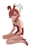  1girl absurdres animal_ear_hairband animal_ears asymmetrical_hair black_halo blue_archive bow bowtie braid breasts commentary_request detached_collar fake_animal_ears hairband halo highres kneeling leotard manjie mole mole_under_each_eye mole_under_eye multiple_moles neru_(blue_archive) neru_(bunny)_(blue_archive) no_ahoge official_alternate_costume orange_hair oversized_breast_cup playboy_bunny rabbit_ears red_bow red_bowtie red_eyes red_leotard red_shoes shoes short_hair simple_background single_braid sitting small_breasts solo strapless strapless_leotard wariza white_background 