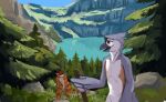 absurd_res anthro avian beak bird digital_media_(artwork) domestic_cat duo feathers felid feline felis forest fur hi_res hiking holding_object lake male mammal mountain nature_background open_beak open_mouth outside plant smile standing tail tazal tazal_(character) tree water whiskers