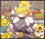  ! 2girls 3boys ?_block anger_vein armlet bare_shoulders black_armlet black_nails blonde_hair blue_overalls bowsette bracelet breasts broque_monsieur collar copyright_name crown domaguri dress earrings elbow_gloves facial_hair fire food gameplay_mechanics gloves hammer horns inhaling jewelry large_breasts long_hair luigi mario mario_&amp;_luigi:_bowser's_inside_story mario_&amp;_luigi_rpg mario_(series) meat multiple_boys multiple_girls muscular muscular_female mushroom mustache overalls pain ponytail saliva see-through_cleavage see-through_clothes sharp_teeth solo solo_focus sphere_earrings spiked_armlet spiked_bracelet spiked_collar spikes starlow stats super_crown sweat teeth video_game_dialogue_box 