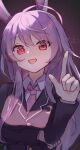  1girl animal_ears antenna_hair black_background black_jacket commentary_request highres index_finger_raised jacket long_hair looking_at_viewer necktie open_mouth pink_hair rabbit_ears rabbit_girl red_eyes reisen_udongein_inaba simple_background solo touhou yakubyougami_(user_hdjz8322) 