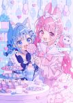  2girls :d absurdres ace_(playing_card) ace_of_diamonds ace_of_hearts ahoge amai_melo animal_ear_fluff animal_ears asymmetrical_sidelocks bandaid bandaid_on_cheek bandaid_on_face beads black_bow blue_capelet blue_eyes blue_hair blue_shirt bookshelf bow bowtie braid brooch candy candy_wrapper capelet card cat_ears cat_girl cherry collarbone commentary_request cup cupcake cursor detached_sleeves diamond_(shape) drawer dress dress_bow drinking_glass fang fingernails food frilled_dress frilled_sailor_collar frills fruit gem hair_bow hair_intakes hair_ornament hanging_light headphones headphones_around_neck heart heart_hair_ornament heart_in_eye heart_sticker highres holding holding_candy holding_food holding_lollipop ice_cream icing jewelry lollipop long_hair long_sleeves low_twintails macaron medium_hair milk multiple_girls open_mouth original pink_bow pink_bowtie pink_dress pink_eyes pink_hair pink_sailor_collar plaid_capelet plaid_clothes plant plate playing_card potted_plant puffy_long_sleeves puffy_sleeves puritan_collar purple_gem rabbit_ears rabbit_girl rabbit_hair_ornament rabbit_ornament sailor_collar search_bar shirt side-by-side side_braid sidelocks skin_fang sleeve_bow smile sprinkles star_(symbol) sticker sticker_on_face sundae swirl_lollipop symbol_in_eye three_of_hearts tiered_tray triangle_hair_ornament twintails very_long_hair watermark white_bow white_sleeves x_hair_ornament yume_kawaii 