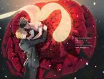  1boy 1girl adrien_agreste black_hair black_jacket black_pants black_suit blonde_hair blue_eyes carrying carrying_person dress gown green_eyes hair_bun hetero highres jacket jewelry marinette_dupain-cheng miraculous_ladybug necklace pants pearl_necklace polka_dot polka_dot_dress red_dress seio_(nao_miragggcc45) smile suit suit_jacket transparent_wings twitter_username watermark wings 
