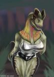  absurd_res anthro artist_name bedroom_eyes big_breasts black_bottomwear black_clothing black_shorts blurred_background bottomwear breasts brown_body claws clothing colored detailed_background dilophosaurid dilophosaurus dinosaur eyes_mostly_closed female finger_claws finger_to_mouth fingers frill_(anatomy) front_view grass green_body hi_res hotpants humanoid_hands jurassic_park leaning leaning_forward looking_at_viewer mr.carno narrowed_eyes non-mammal_breasts open_mouth orange_body orange_eyes outside plant portrait pose prehistoric_species red_body reptile saurischian scalie seductive shaded sharp_teeth shirt shorts solo standing tail tank_top teeth text theropod thick_thighs three-quarter_portrait topwear universal_studios url watermark white_clothing white_shirt white_tank_top white_topwear wide_hips 