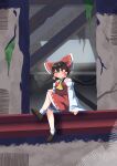  1girl absurdres ascot blush bow brown_eyes brown_hair brown_shoes closed_mouth commentary_request detached_sleeves frilled_bow frilled_hair_tubes frills gasubanana hair_bow hair_tubes hakurei_reimu highres loafers long_hair looking_at_viewer red_bow red_skirt ribbon-trimmed_skirt ribbon-trimmed_sleeves ribbon_trim ruins shoes skirt skirt_set socks solo touhou white_socks yellow_ascot 