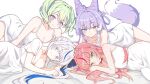  4girls absurdres aokumo_rin blue_eyes blue_pupils blunt_bangs blush breasts bright_pupils brown_eyes cleavage closed_mouth commentary_request cone_hair_bun daltokki34 double-parted_bangs double_bun dress fox_girl fox_tail green_eyes green_hair grey_hair hair_bun hair_spread_out hanako_nana heterochromia highres korean_commentary large_breasts looking_at_viewer lying matching_outfits medium_hair multicolored_eyes multicolored_hair multiple_girls on_side parted_bangs pink_hair purple_eyes purple_pupils purple_tail short_hair short_sleeves side_ponytail simple_background sleeveless sleeveless_dress smile spaghetti_strap stellive streaked_hair tail tenko_shibuki twintails two-tone_eyes virtual_youtuber white_background white_dress yuzuha_riko 