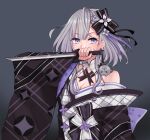  1girl bazo_(vestia_zeta) black_kimono blue_eyes commentary earrings english_commentary flower grey_background grey_hair hair_flower hair_ornament hair_ribbon highres holding holding_sword holding_weapon hololive hololive_indonesia japanese_clothes jewelry kimono long_sleeves looking_at_viewer off_shoulder official_alternate_costume official_alternate_hairstyle ranox reverse_grip ribbon short_hair short_hair_with_long_locks sidelocks simple_background solo sword upper_body vestia_zeta vestia_zeta_(new_year) virtual_youtuber weapon wide_sleeves 