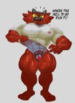  abs anthro black_slime bottomless chastity_bulge chastity_device clothed clothing felid generation_7_pokemon hi_res incineroar lock_bulge lock_symbol locked male mammal muscular muscular_anthro muscular_male nintendo null null_bulge pantherine pokemon pokemon_(species) red_body shirt shirt_only solo surprise text thick_thighs tiburalgo tiger timer_display topwear topwear_only video_games yellow_eyes 