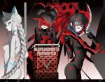  3girls animal_ears black_bodysuit black_hair black_mask blue_eyes blue_sclera bodysuit braid cat_ears chain colored_sclera commentary_request double_bun earrings eye_mask hair_bun highres holding holding_weapon jewelry lady_noir ladybug_(miraculous_ladybug) long_hair low-braided_long_hair low-tied_long_hair marinette_dupain-cheng mask miraculous_ladybug multiple_girls multiple_persona red_eyes red_mask seio_(nao_miragggcc45) shadybug twintails twitter_username uneven_eyes watermark weapon white_bodysuit white_hair white_mask 