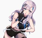  1girl :p akanbe aqua_eyes asterisk_(pmpalg_v) asymmetrical_bangs asymmetrical_legwear bikini bikini_over_clothes bikini_top_only black_gloves black_shorts black_sweater blue_hair breasts bright_pupils chest_harness closed_mouth commentary cowboy_shot cropped_sweater eyelid_pull fishnet_pantyhose fishnets gloves grey_hair grey_pantyhose grey_thighhighs hair_ornament hairclip hand_on_own_hip harness highres hololive hololive_indonesia long_hair looking_at_viewer medium_breasts multicolored_hair no_jacket pantyhose parallel_hairclips pavolia_reine pavolia_reine_(streetwear) short_shorts shorts simple_background single_thighhigh sleeveless sleeveless_sweater solo streaked_hair sweater swimsuit thighhighs tongue tongue_out turtleneck turtleneck_sweater two-tone_hair v-shaped_eyebrows virtual_youtuber wavy_hair white_background white_bikini white_pupils 