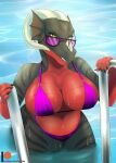2021 absurd_res anthro big_breasts bikini black_body black_claws black_scales breasts claws clothed clothed_anthro clothed_female clothing countershading dragon ear_fins eyelashes eyewear female fin furgonomic_eyewear furgonomics gloves_(marking) hi_res horn looking_at_viewer markings mythological_creature mythological_scalie mythology navel partially_submerged pool_ladder portrait pupils purple_bikini purple_clothing purple_eyewear purple_sunglasses purple_swimwear red_body red_countershading red_scales scales scalie sharp_teeth slit_pupils solo striped_body stripes sunglasses swimming_pool swimwear teeth tempest_(yoko_darkpaw) thick_thighs three-quarter_portrait two-piece_swimsuit water wet wide_hips yellow_eyes yoko_darkpaw