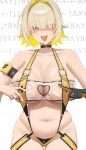  1girl absurdres bare_shoulders black_choker blonde_hair blush breasts choker cleavage clothing_cutout collarbone commentary elegg_(boom_and_shock)_(nikke) elegg_(nikke) fang game_controller_print gloves goddess_of_victory:_nikke hair_intakes hair_over_eyes heart_cutout highres large_breasts looking_at_viewer mm_(mhm2592) multicolored_hair navel official_alternate_costume open_mouth rabbit_choker rabbit_ornament see-through_clothes see-through_slingshot_swimsuit short_hair single_glove slingshot_swimsuit smile solo stomach swimsuit two-sided_gloves two-tone_slingshot_swimsuit wet yellow_slingshot_swimsuit 