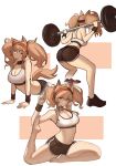  absurdres alternate_costume angelina_(arknights) animal_ears arknights back ball barbell bare_legs basketball black_shorts breasts brown_hair clothes_around_waist collar distr dolphin_shorts expressions hairband highres holding holding_ball large_breasts legs long_hair looking_at_viewer multiple_views navel open_mouth orange_eyes serious shoes shorts simple_background sneakers sports_bra sportswear squatting stretching sweat tail thigh_strap twintails very_long_hair white_background white_sports_bra yoga 