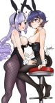  2girls ahoge animal_ear_hairband animal_ears belle_(zenless_zone_zero) black_leotard black_pantyhose blue_hair blush bow bowtie breasts chair commentary_request detached_collar drill_hair fake_animal_ears fake_tail fishnet_pantyhose fishnets hair_between_eyes hair_ornament hairband heart highres k_shirasaka large_breasts leotard long_hair looking_at_another mole mole_under_eye multicolored_hair multiple_girls open_mouth pantyhose playboy_bunny pointy_ears purple_hair rabbit_ear_hairband rabbit_ears rabbit_tail red_eyes short_hair signature simple_background sitting smile standing strapless strapless_leotard streaked_hair tail vivian_banshee white_background white_wrist_cuffs wrist_cuffs zenless_zone_zero 
