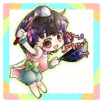  1girl artist_name bangle belt border bracelet brown_eyes brown_hair chibi chibi_only commentary_request full_body gensou_suikoden gensou_suikoden_ii green_belt green_shorts hairband holding holding_ladle holding_pan jewelry kh_524 ladle light_blush nanami_(suikoden) open_mouth pink_hairband pink_tunic short_hair shorts smile solo tunic white_border 