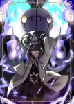  1girl a00_0527 arm_up belt belt_buckle black_dress black_hair black_pantyhose blunt_bangs bob_cut buckle chandelure closed_mouth coat commentary_request dress fire gloves gradient_hair gwynn_(pokemon) hat highres long_sleeves looking_at_viewer mega_chandelure multicolored_hair o-ring o-ring_belt open_clothes open_coat pantyhose partially_fingerless_gloves pokemon pokemon_(creature) pokemon_legends:_z-a purple_eyes purple_fire purple_gloves purple_hair short_hair solo white_coat 