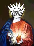  1other afxkeii ancient_greek_clothes boognish chiton colored_skin commentary dot_pupils english_commentary fine_art_parody greco-roman_clothes halo heart highres holding holding_heart looking_at_viewer parody robe sacred_heart_of_jesus spiked_hair twitter_username watermark ween white_skin 