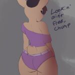  1:1 anthro big_butt bottomwear boy_shorts butt clothed clothing corruption fur grey_hair hair hotpants jayce_(paramour) lagomorph leporid male mammal off_shoulder paramour_(artist) pink_clothing rabbit shirt shorts solo solo_focus tail_tuft topwear tuft underwear yellow_body yellow_fur 