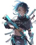  1boy bare_shoulders bishounen commentary cowboy_shot detached_sleeves doupu41 facial_mark forehead_mark genshin_impact gun highres holding holding_gun holding_weapon jewelry katana looking_at_viewer male_focus midriff multicolored_hair rifle sheath sheathed short_sleeves simple_background solo stomach_tattoo sword symbol-only_commentary tattoo translation_request weapon white_background xiao_(genshin_impact) yellow_eyes 