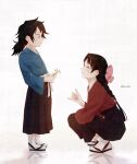  1boy 1girl aqua_kimono black_hair black_hakama braid branch child closed_eyes closed_mouth full_body hakama highres holding holding_branch japanese_clothes kimetsu_no_yaiba kimono long_hair low_ponytail mu_ooa ponytail profile red_kimono reflective_floor sandals simple_background single_braid smile socks spiked_hair squatting standing tomioka_giyuu tomioka_tsutako twitter_username white_background white_socks 