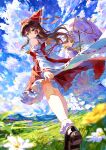  2girls absurdres ascot blonde_hair blue_sky bow brown_hair brown_shoes closed_mouth cloud commentary_request day detached_sleeves dress flower_request frilled_bow frilled_dress frilled_hair_tubes frilled_skirt frills hair_bow hair_tubes hakurei_reimu hat hat_ribbon highres holding holding_umbrella ibushi_roun long_hair looking_at_viewer mob_cap multiple_girls outdoors parasol purple_eyes purple_tabard red_bow red_eyes red_ribbon red_skirt ribbon ribbon-trimmed_sleeves ribbon_trim shoes skirt skirt_set sky socks solo_focus tabard touhou umbrella very_long_hair white_dress white_hat white_socks yakumo_yukari yellow_ascot 