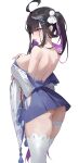  1girl absurdres ahoge bandage_on_thigh bare_shoulders black_hair blue_hakama breasts chitose_(stella_sora) chitose_(when_morning_glories_bloom_her_eyes_open)_(stella_sora) colored_inner_hair commentary cowboy_shot gdd_(vkejr702) hakama hakama_short_skirt hakama_skirt highres japanese_clothes kimono large_breasts long_hair looking_at_viewer multicolored_hair official_alternate_costume pleated_skirt purple_eyes purple_hair simple_background skirt solo stella_sora thighhighs untranslatable_commentary white_background white_kimono white_thighhighs 