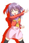  1girl :d ^_^ black_thighhighs blush clenched_hand closed_eyes commentary_request cowboy_shot drop_shadow facing_viewer hair_between_eyes hair_bobbles hair_ornament hayate_no_gotoku! henshin_pose high-waist_skirt highres long_sleeves medium_hair medium_skirt neckerchief open_mouth pink_skirt purple_hair red_shirt sailor_collar sailor_shirt school_uniform segawa_izumi serafuku shirt simple_background skirt smile solo thighhighs two_side_up white_background white_sailor_collar wistar1as yellow_neckerchief zettai_ryouiki 