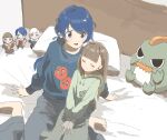  2girls :d aqua_neckerchief barefoot black_pants blue_eyes blue_hair blue_ribbon blue_sweater blunt_bangs braid brown_dress brown_hair center-flap_bangs character_doll closed_eyes doll dress gonzales_(love_live!) green_hoodie hair_ribbon hasu_no_sora_school_uniform highres hood hoodie kachimachi_kosuzu kachimachi_kosuzu_(summer_loungewear) knees_out_of_frame long_hair long_sleeves looking_at_another love_live! love_live!_hasu_no_sora_jogakuin_school_idol_club low_twintails mole mole_on_neck multiple_girls murano_sayaka murano_sayaka_(summer_loungewear) neckerchief on_bed open_mouth pants pillow print_sweater red_eyes red_neckerchief ribbon sailor_collar sailor_dress school_uniform short_hair side_braids single_hair_intake sitting smile straight_hair stuffed_animal stuffed_dinosaur stuffed_toy sweater tomati_(love_live!) tomato_print twintails v-shaped_eyes virtual_youtuber wariza white_hair white_sailor_collar winter_uniform yellow_neckerchief yugiri_tsuzuri zen66574227 