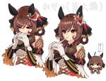  1girl animal_ears bare_shoulders braid braided_hair_rings breasts brown_hair detached_sleeves ear_covers eating food gentildonna_(regina_dei_fiori)_(umamusume) gentildonna_(umamusume) gloves hair_rings heart_ear_ornament horse_ears horse_girl large_breasts mochi mochi_trail multiple_views nieto_tokage red_eyes see-through_cleavage see-through_clothes speech_bubble translation_request umamusume white_gloves 