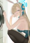  1girl absurdres animal_ear_hairband animal_ears asuna_(blue_archive) asuna_(bunny)_(blue_archive) asymmetrical_bangs benpao_de_ruoji blonde_hair blue_archive blue_bow blue_bowtie blue_eyes blue_leotard blue_ribbon bow bowtie breasts chinese_commentary commentary_request detached_collar elbows_on_knees fake_animal_ears from_side grin hair_over_one_eye hair_ribbon hairband hand_on_own_face head_rest highleg highleg_leotard highres large_breasts leotard long_hair looking_at_viewer official_alternate_costume pantyhose playboy_bunny rabbit_ear_hairband rabbit_ears ribbon smile squatting strapless strapless_leotard thighband_pantyhose traditional_bowtie turning_head washing_machine 