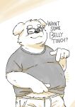  2022 anthro belly bottomwear canid canine canis clothing domestic_dog english_text eyewear fatkylefat glasses hi_res humanoid_hands kemono male mammal one_eye_closed overweight overweight_male pants shirt solo text topwear wink 