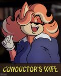4:5 5_fingers akita anthro big_breasts black_nose breasts canid canine canis clothing conductor's_wife_(sonic) cosplay crossover crossover_cosplay domestic_dog fangs female fingers fur gloves hair handwear hi_res humanoid_hands kitty_forman mammal mature_anthro mature_female red_body red_fur red_hair sega sketchybug solo sonic_the_hedgehog_(series) spitz teeth that_70's_show the_murder_of_sonic_the_hedgehog tongue