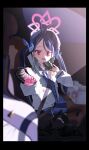  absurdres black_pantyhose blue_archive blue_hair blue_necktie blue_skirt car_interior donut eating food fubuki_(blue_archive) gradient_halo halo highres holding holding_donut holding_food huuu_ulul18 jacket long_hair looking_at_viewer multicolored_halo necktie open_mouth pantyhose partially_shaded_face police police_uniform red_eyes safety_belt shirt skirt white_jacket white_shirt 