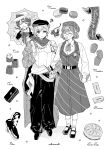  3girls :< ^_^ absurdres armor book brume_(reverse:1999) canele celia_(reverse:1999) closed_eyes closed_mouth coat commentary_request dragon dress drinking eclair_(food) felicienne_(reverse:1999) financier_(food) food freckles french_text full_body glasses greyscale hat highres holding holding_book holding_map locked_arms long_dress macaron madeleine map mary_janes monochrome multiple_girls neckerchief newsboy_cap open_clothes open_coat open_mouth opera_cake pants reverse:1999 rikini_sushi round_eyewear shirt shoes short_hair shoulder_armor side-by-side small_dragon socks speech_bubble spoken_character standing sweat tarte_tatin white_background 