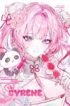 1girl absurdres alternate_costume animal_on_shoulder breasts chinese_clothes cleavage_cutout clothing_cutout commentary cyrene_(demiurge)_(honkai:_star_rail) cyrene_(honkai:_star_rail) diamond-shaped_pupils diamond_(shape) dress flower food hair_flower hair_ornament highres holding holding_food honkai:_star_rail honkai_(series) large_breasts long_hair looking_at_viewer maikang0987 panda pink_hair purple_eyes smile solo symbol-shaped_pupils untranslatable_commentary very_long_hair white_dress 