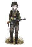  1girl absurdres ammunition_pouch aqua_eyes assault_rifle belt_buckle black_boots black_helmet boots brown_jacket buckle buttons camouflage camouflage_jacket combat_helmet commentary dated_commentary english_commentary faux_figurine full_body gloves grass green_jacket grey_gloves grey_pants gun gun_sling helmet highres holding holding_gun holding_weapon jacket lapels load_bearing_equipment long_hair long_sleeves looking_at_viewer military military_combat_uniform military_jacket military_uniform multicolored_jacket nazi neck_warmer open_mouth original pants pants_tucked_in pouch reichsadler ribben rifle siegrunen simple_background soldier solo ss_insignia stahlhelm standing stg44 waffen-ss weapon white_background white_hair woodland_camouflage world_war_ii 